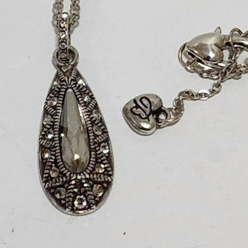 Brighton Silver Marcasite‎ Teardrop Crystal Pendant Necklace Adjustable Love